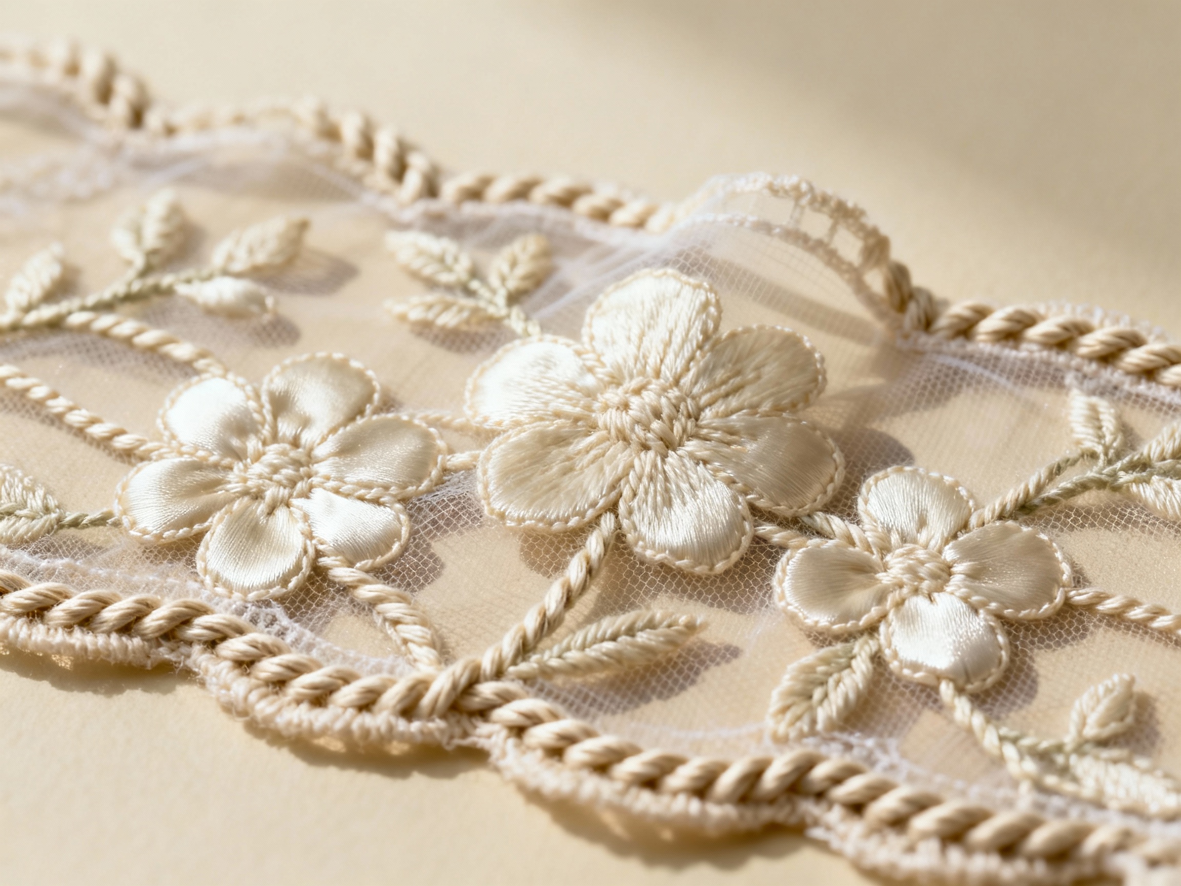 Ivory Embroidered Flower Lace with Corded Detailing